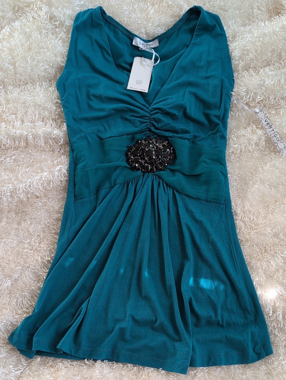 Teal Sleeveless V-Neck Top with Embellished Waist